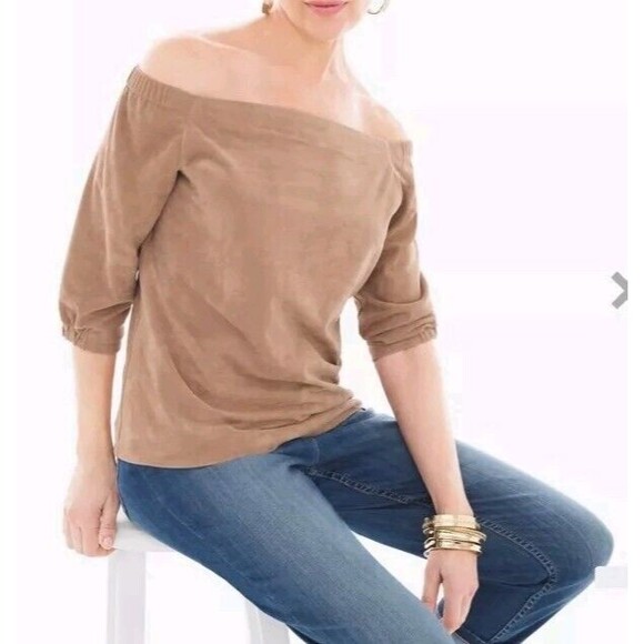 Black Label Chico's Off The Shoulder Faux Suede Top Women's Size XS/2 Vegan - Picture 1 of 9
